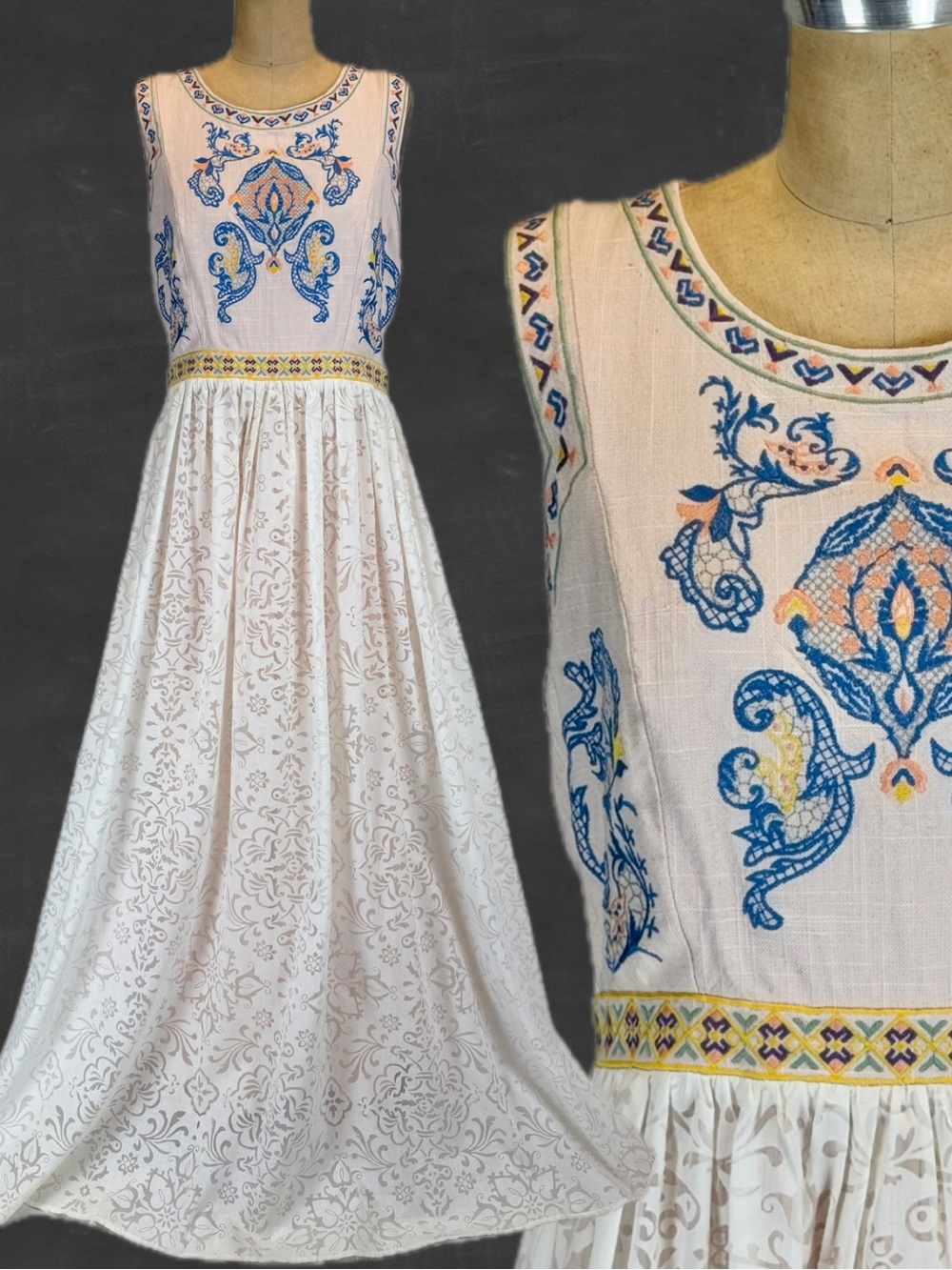 Champagne and Strawberry embroidered floral long maxi dress sleeveless romantic